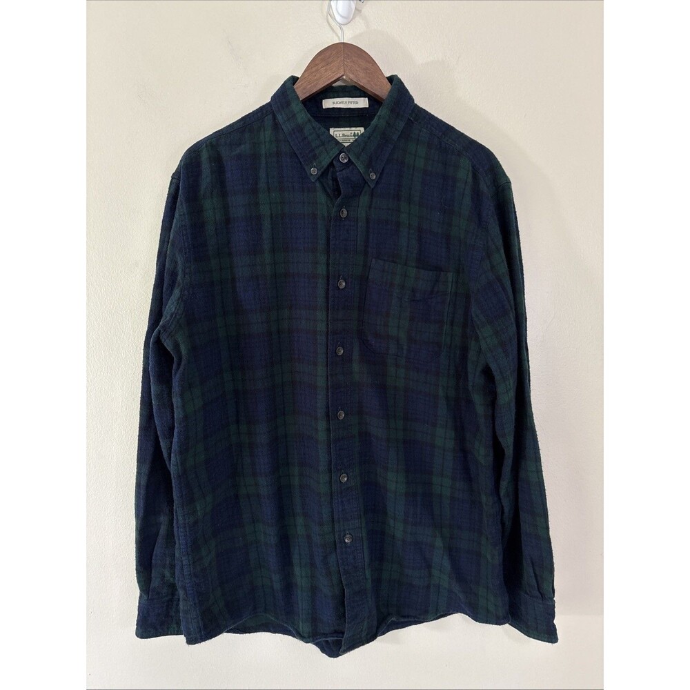 LL Bean Men Blue Green Scotch Plaid Cotton Flannel Button Down Shirt Size Large